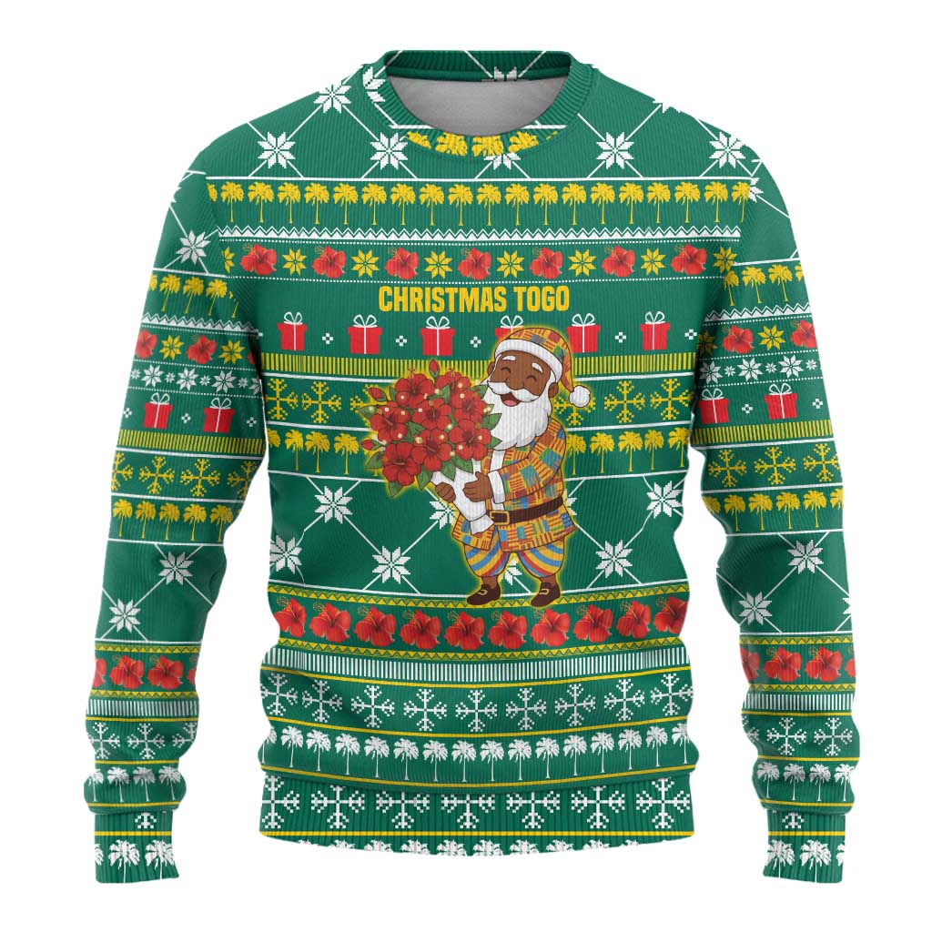 Togo Christmas Ugly Christmas Sweater with Santa Poinsettia Flower Tree Gifts and African Print Pattern - Wonder Print Shop