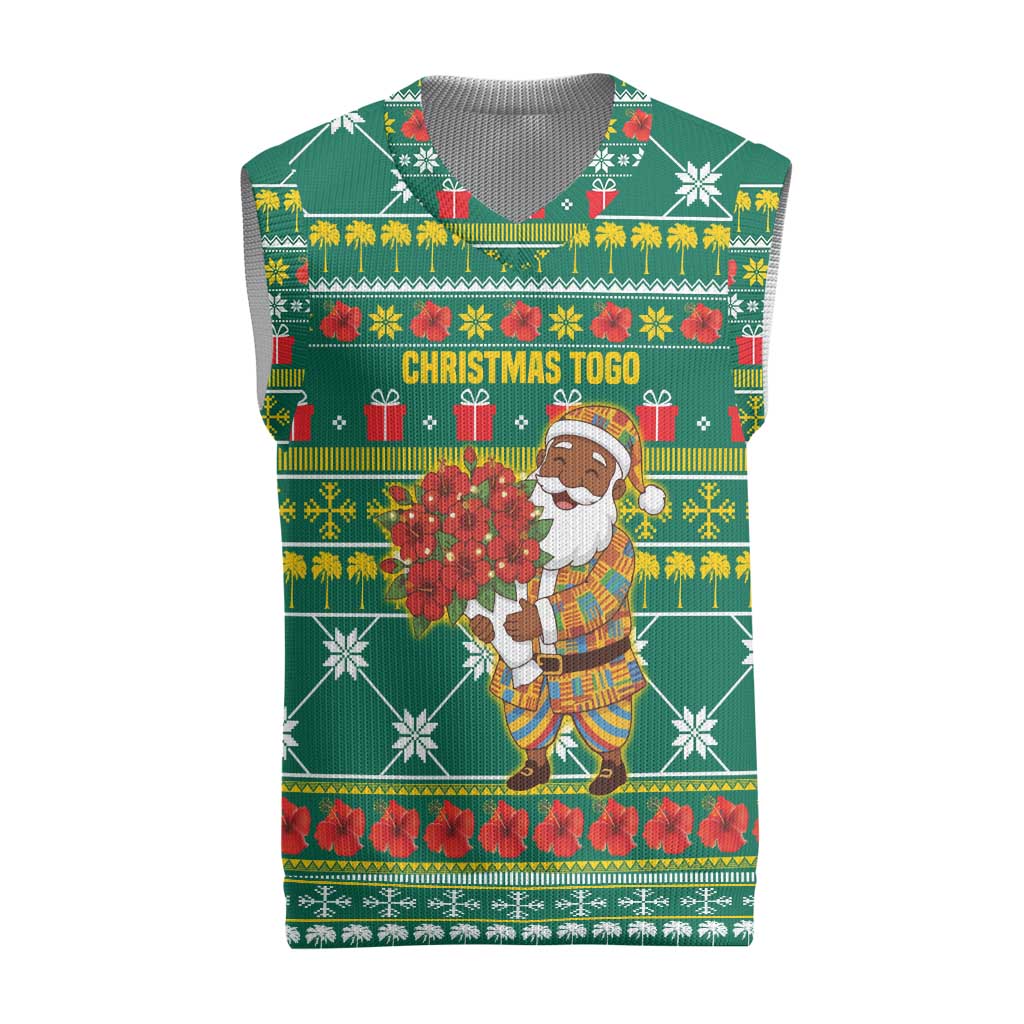 Togo Christmas Knitted V-Neck Vest with Santa Poinsettia Flower Tree Gifts and African Print Pattern - Wonder Print Shop
