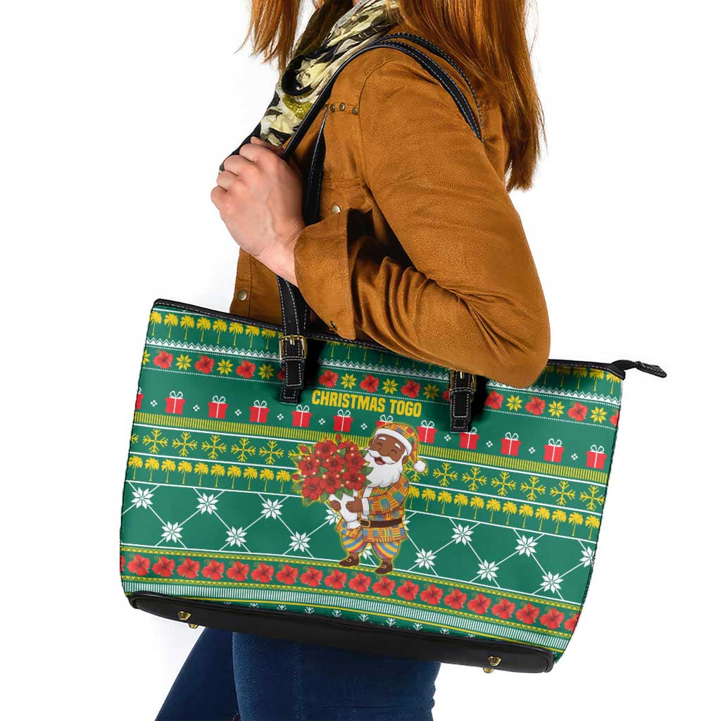 Togo Christmas Leather Tote Bag with Santa Poinsettia Flower Tree Gifts and African Print Pattern - Wonder Print Shop