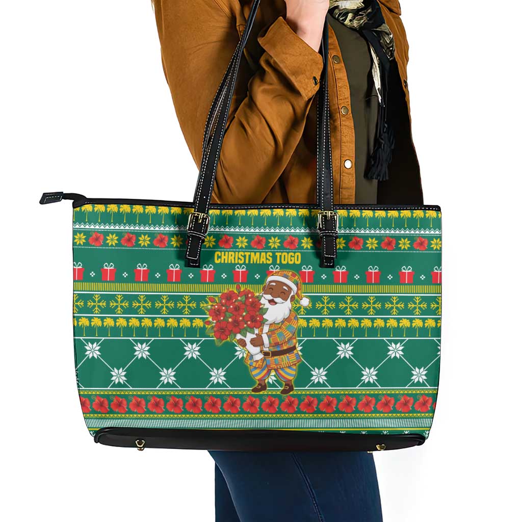 Togo Christmas Leather Tote Bag with Santa Poinsettia Flower Tree Gifts and African Print Pattern - Wonder Print Shop