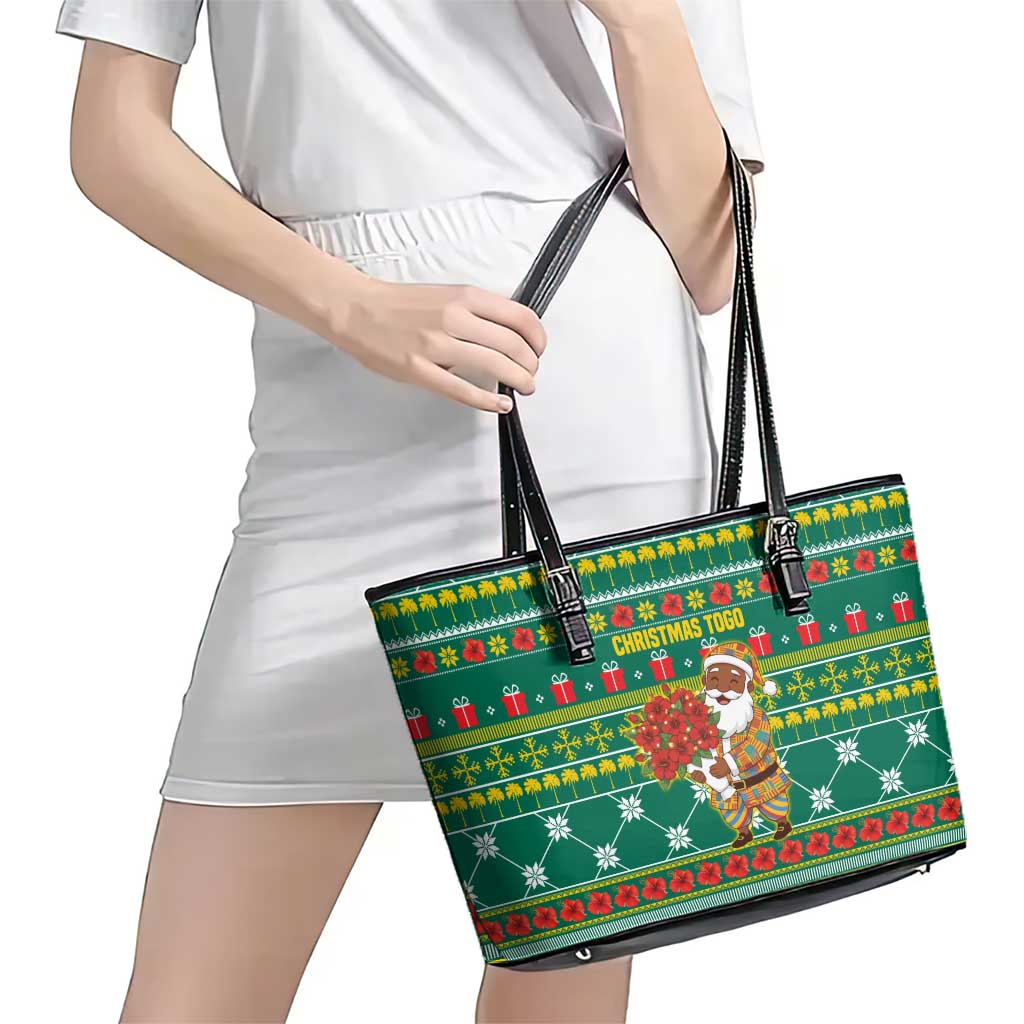Togo Christmas Leather Tote Bag with Santa Poinsettia Flower Tree Gifts and African Print Pattern - Wonder Print Shop