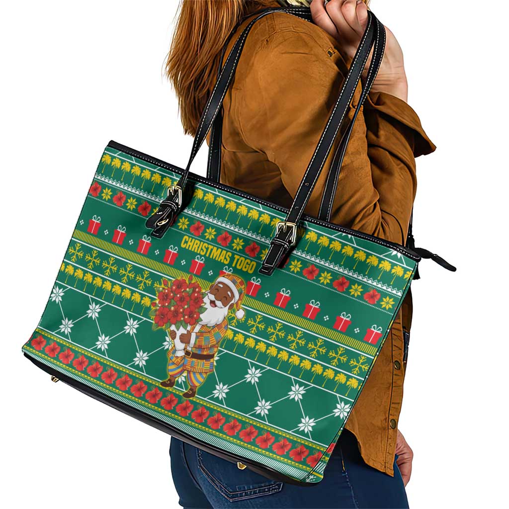 Togo Christmas Leather Tote Bag with Santa Poinsettia Flower Tree Gifts and African Print Pattern - Wonder Print Shop