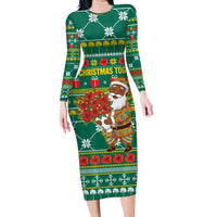 Togo Christmas Long Sleeve Bodycon Dress with Santa Poinsettia Flower Tree Gifts and African Print Pattern - Wonder Print Shop