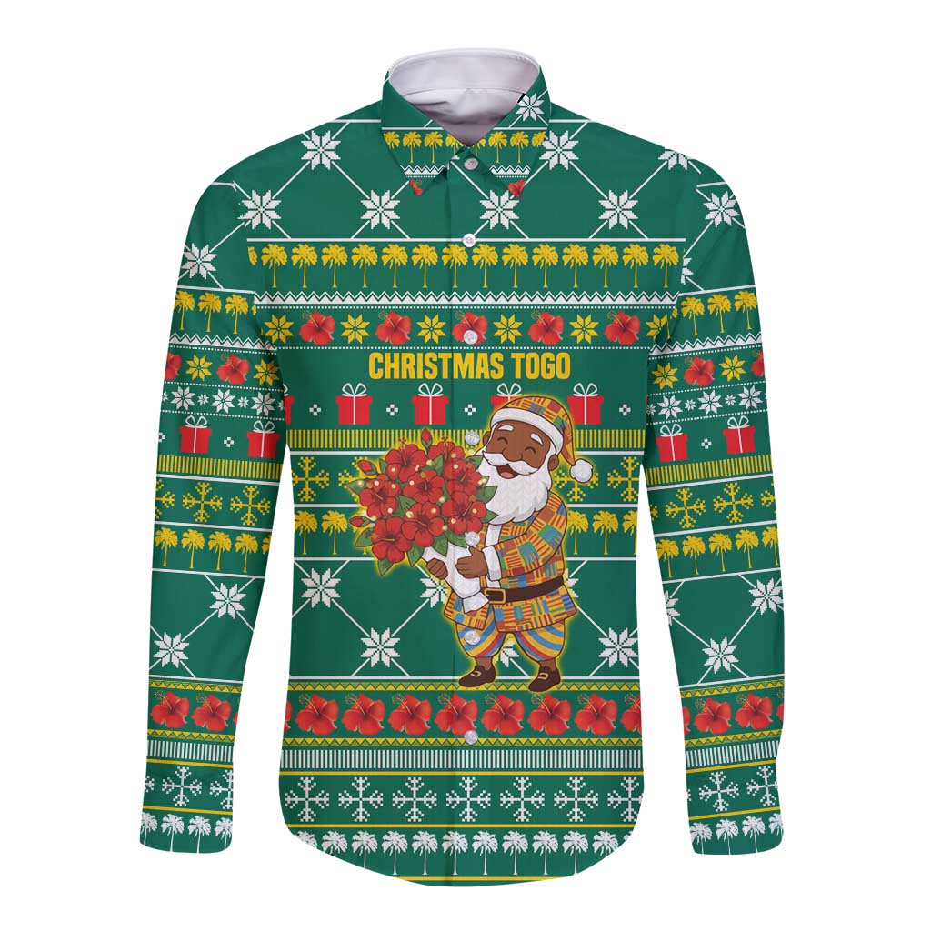 Togo Christmas Long Sleeve Button Shirt with Santa Poinsettia Flower Tree Gifts and African Print Pattern - Wonder Print Shop