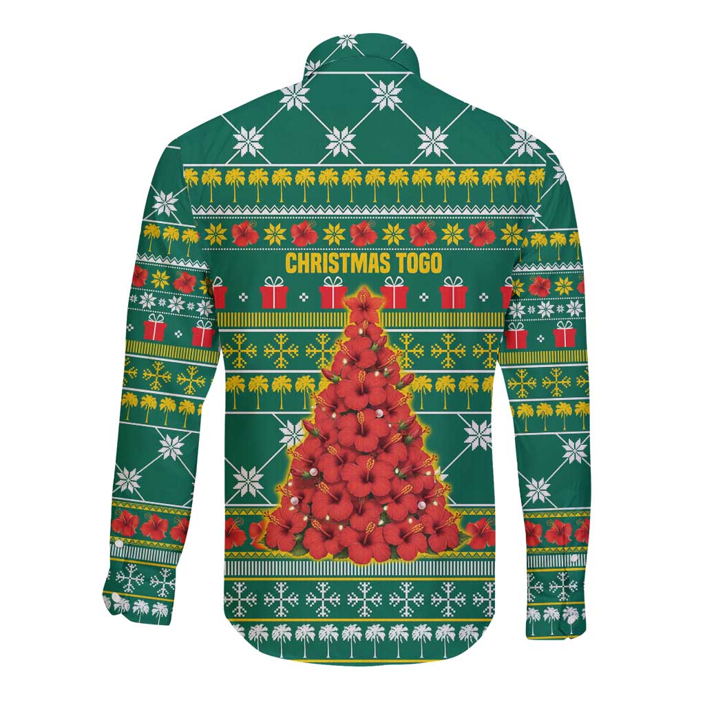 Togo Christmas Long Sleeve Button Shirt with Santa Poinsettia Flower Tree Gifts and African Print Pattern - Wonder Print Shop