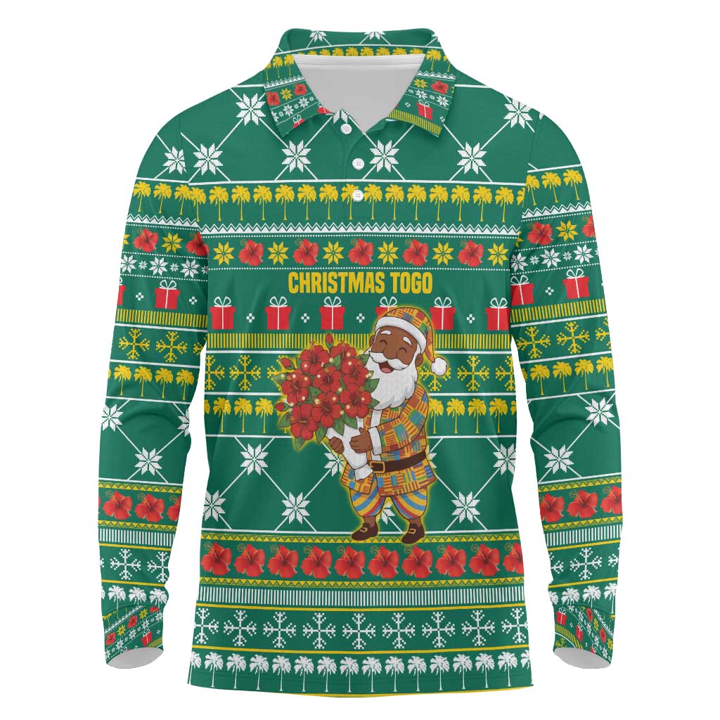 Togo Christmas Long Sleeve Polo Shirt with Santa Poinsettia Flower Tree Gifts and African Print Pattern - Wonder Print Shop
