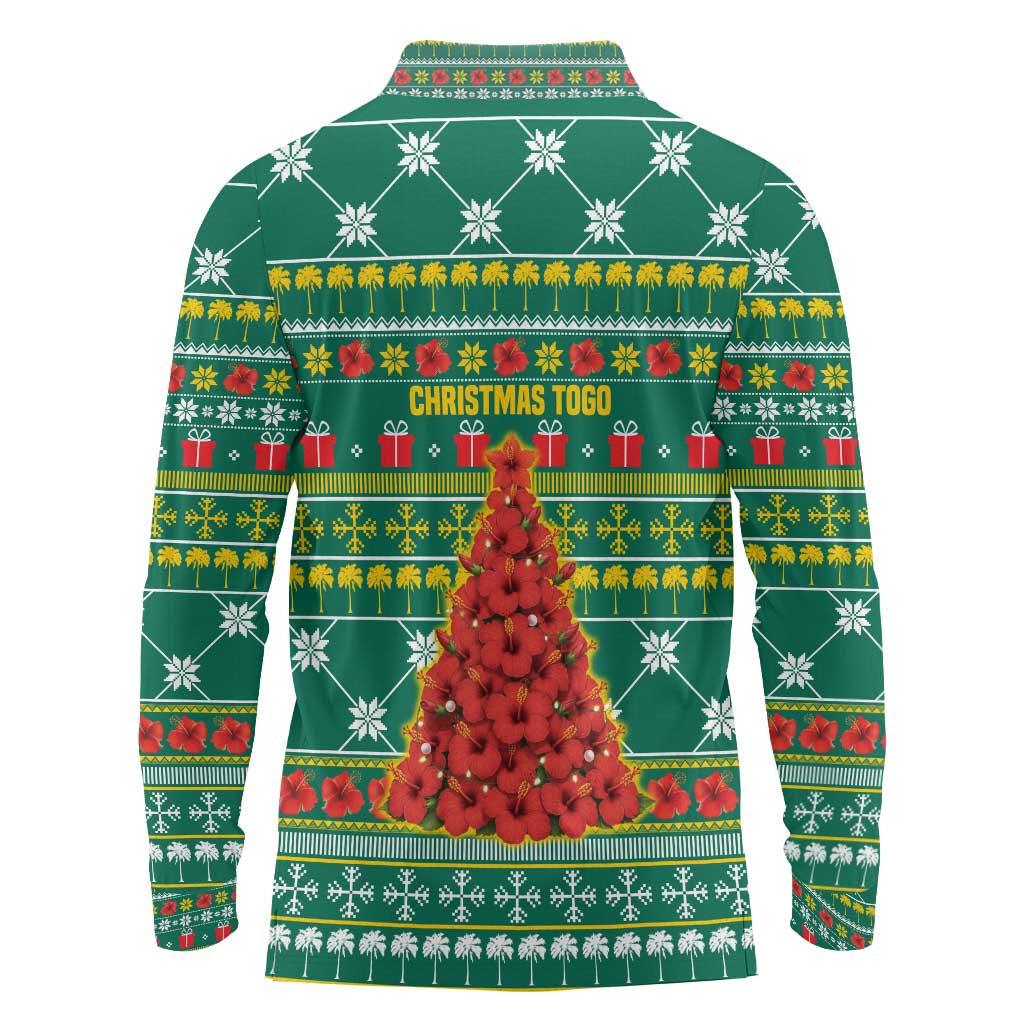 Togo Christmas Long Sleeve Polo Shirt with Santa Poinsettia Flower Tree Gifts and African Print Pattern - Wonder Print Shop