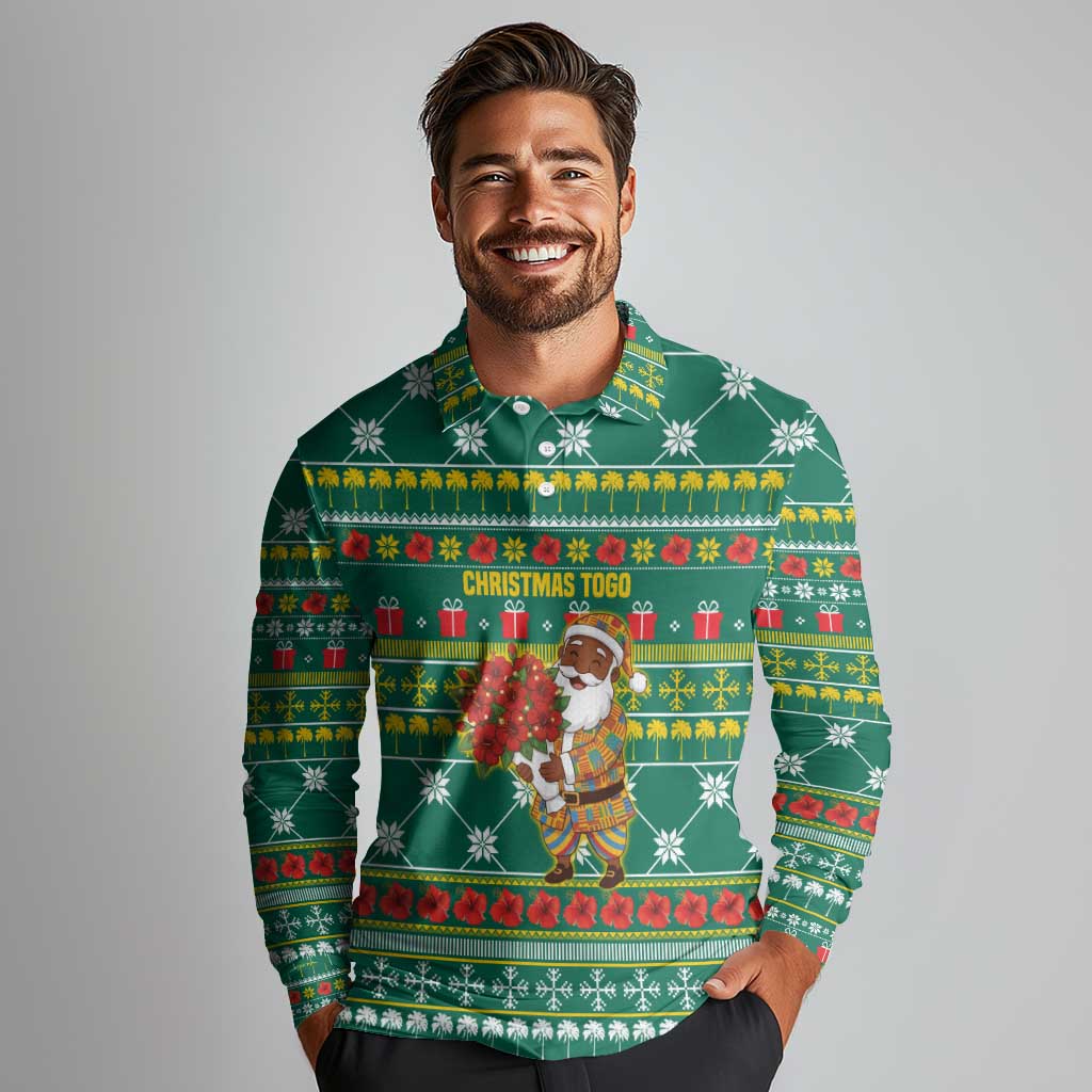 Togo Christmas Long Sleeve Polo Shirt with Santa Poinsettia Flower Tree Gifts and African Print Pattern - Wonder Print Shop