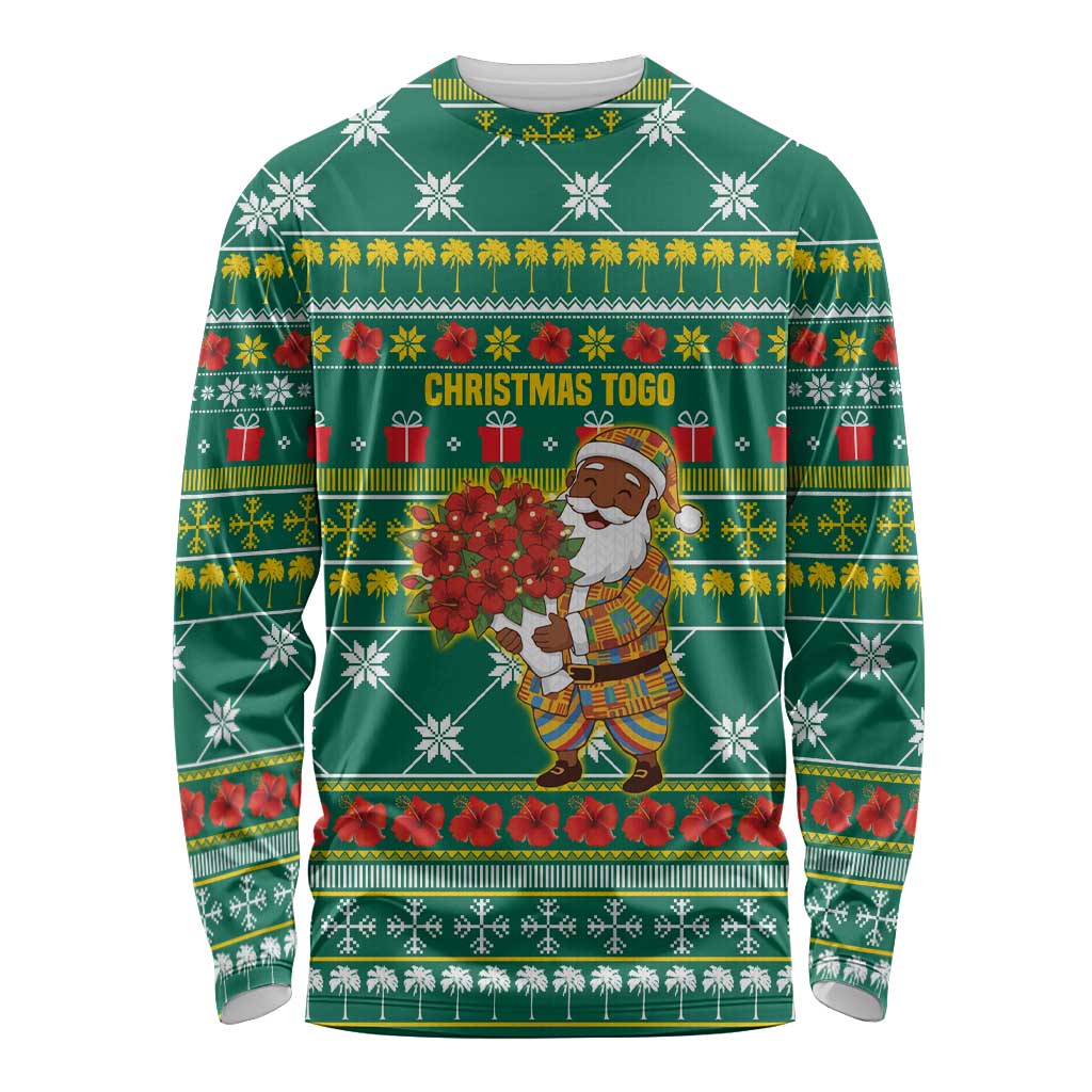 Togo Christmas Long Sleeve Shirt with Santa Poinsettia Flower Tree Gifts and African Print Pattern - Wonder Print Shop