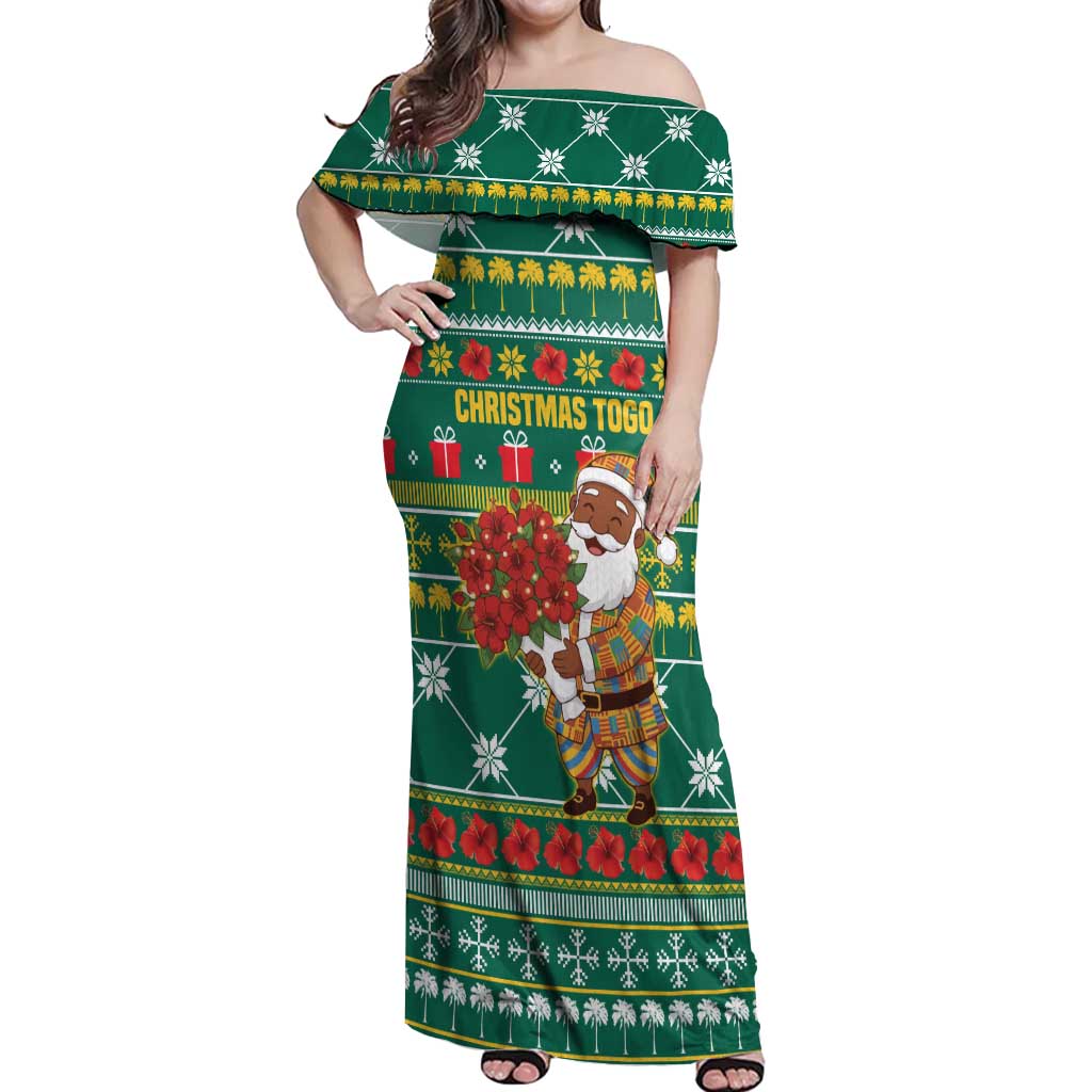 Togo Christmas Off Shoulder Maxi Dress with Santa Poinsettia Flower Tree Gifts and African Print Pattern - Wonder Print Shop