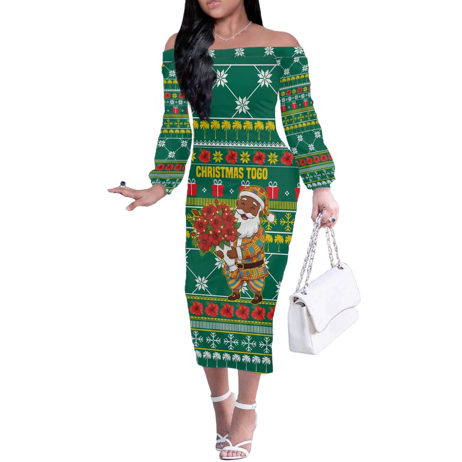 Togo Christmas Off The Shoulder Long Sleeve Dress with Santa Poinsettia Flower Tree Gifts and African Print Pattern - Wonder Print Shop