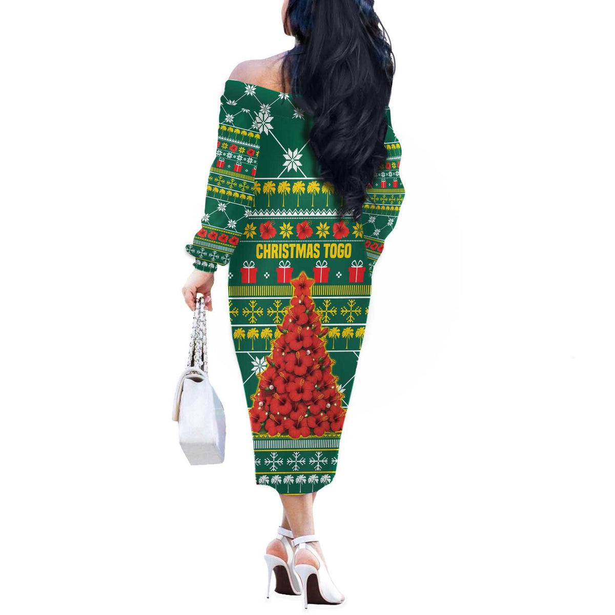 Togo Christmas Off The Shoulder Long Sleeve Dress with Santa Poinsettia Flower Tree Gifts and African Print Pattern - Wonder Print Shop