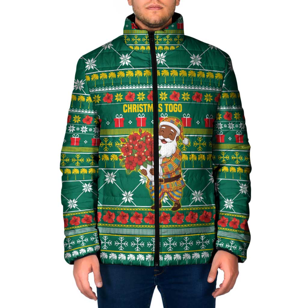 Togo Christmas Padded Jacket with Santa Poinsettia Flower Tree Gifts and African Print Pattern - Wonder Print Shop