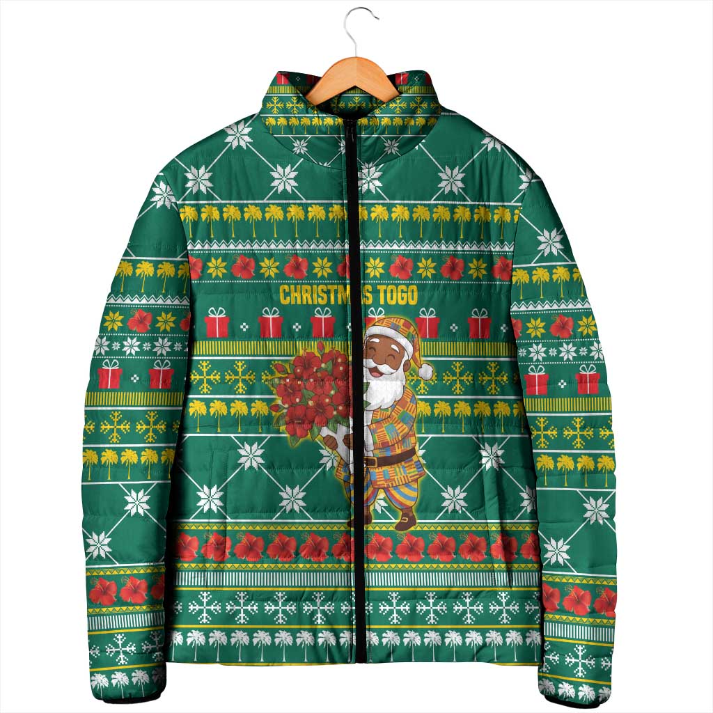 Togo Christmas Padded Jacket with Santa Poinsettia Flower Tree Gifts and African Print Pattern - Wonder Print Shop