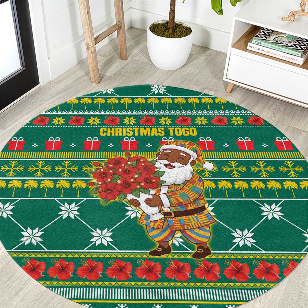 Togo Christmas Round Carpet with Santa Poinsettia Flower Tree Gifts and African Print Pattern - Wonder Print Shop