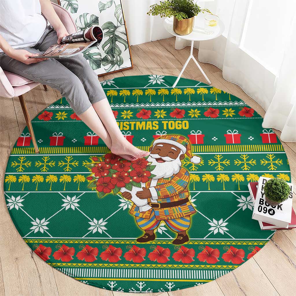 Togo Christmas Round Carpet with Santa Poinsettia Flower Tree Gifts and African Print Pattern - Wonder Print Shop