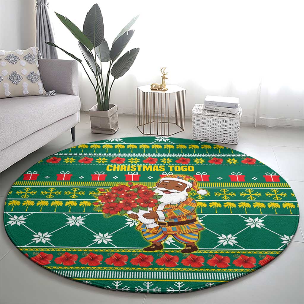 Togo Christmas Round Carpet with Santa Poinsettia Flower Tree Gifts and African Print Pattern - Wonder Print Shop
