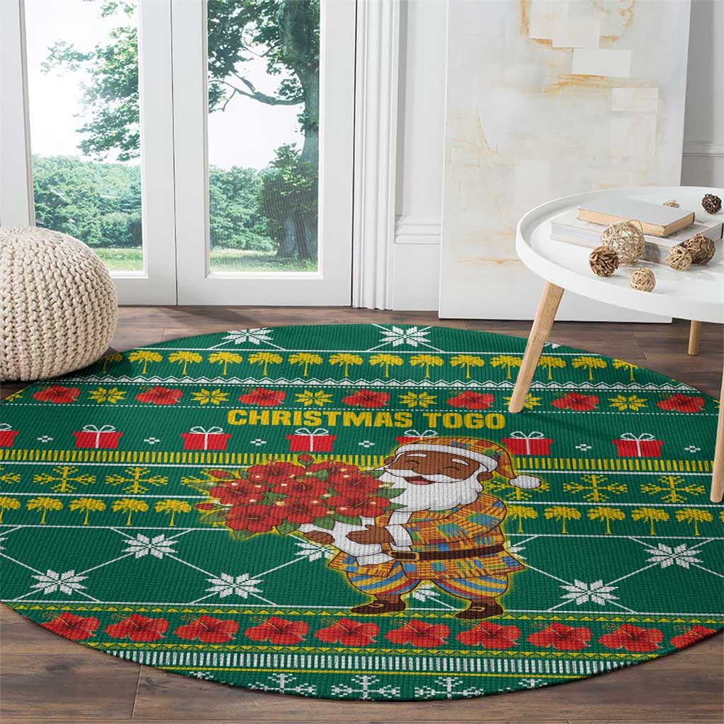 Togo Christmas Round Carpet with Santa Poinsettia Flower Tree Gifts and African Print Pattern - Wonder Print Shop