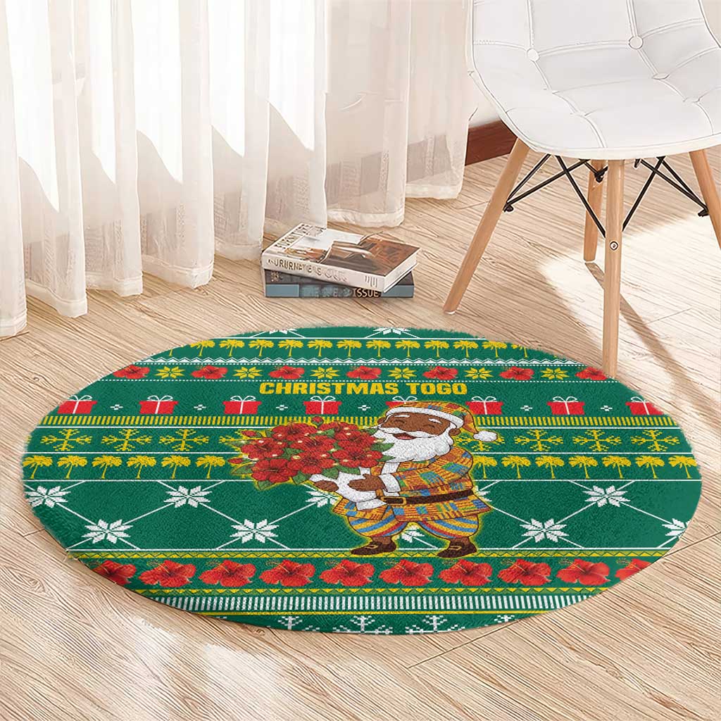 Togo Christmas Round Carpet with Santa Poinsettia Flower Tree Gifts and African Print Pattern - Wonder Print Shop