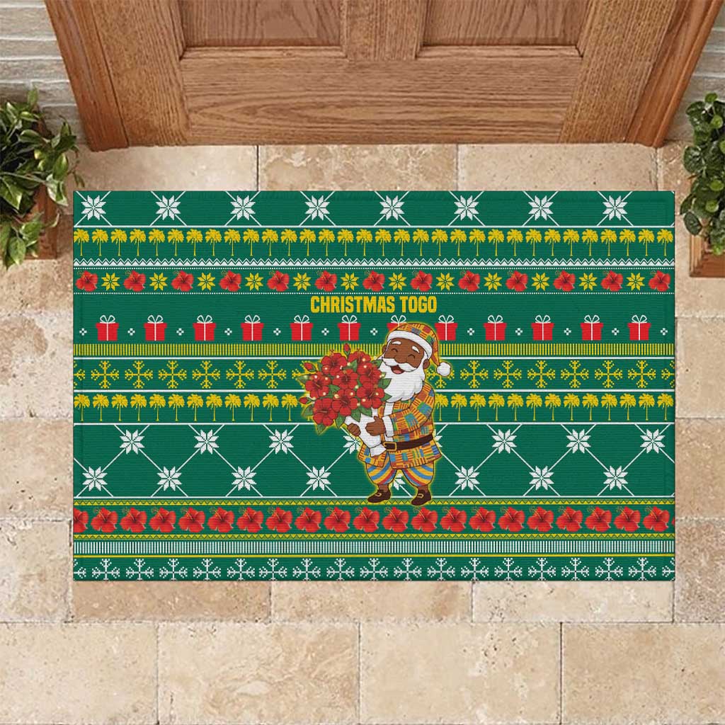 Togo Christmas Rubber Doormat with Santa Poinsettia Flower Tree Gifts and African Print Pattern - Wonder Print Shop