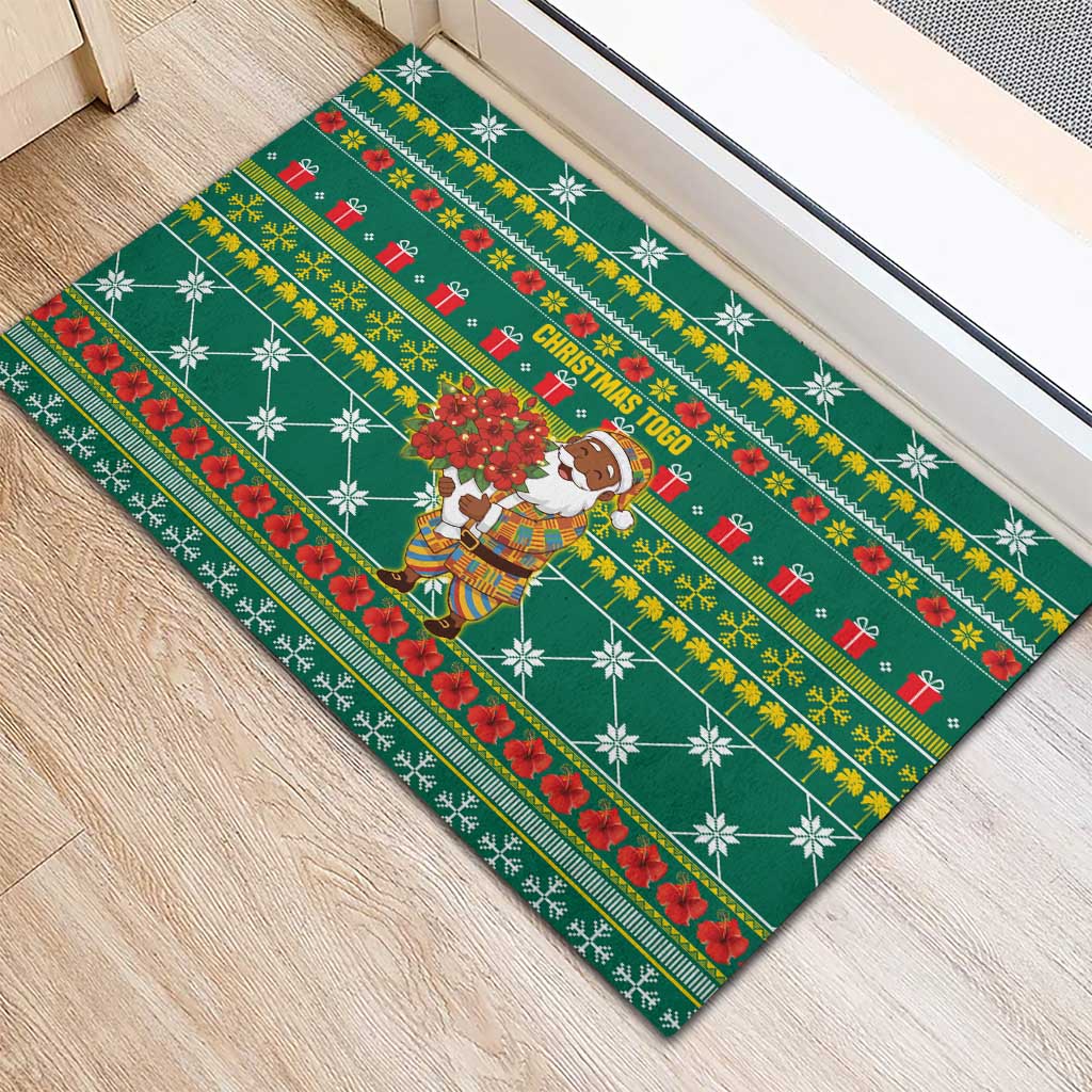 Togo Christmas Rubber Doormat with Santa Poinsettia Flower Tree Gifts and African Print Pattern - Wonder Print Shop
