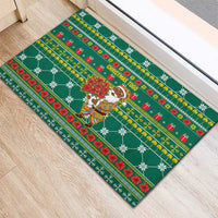 Togo Christmas Rubber Doormat with Santa Poinsettia Flower Tree Gifts and African Print Pattern - Wonder Print Shop
