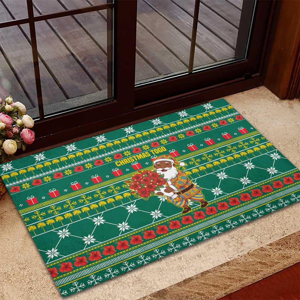Togo Christmas Rubber Doormat with Santa Poinsettia Flower Tree Gifts and African Print Pattern - Wonder Print Shop