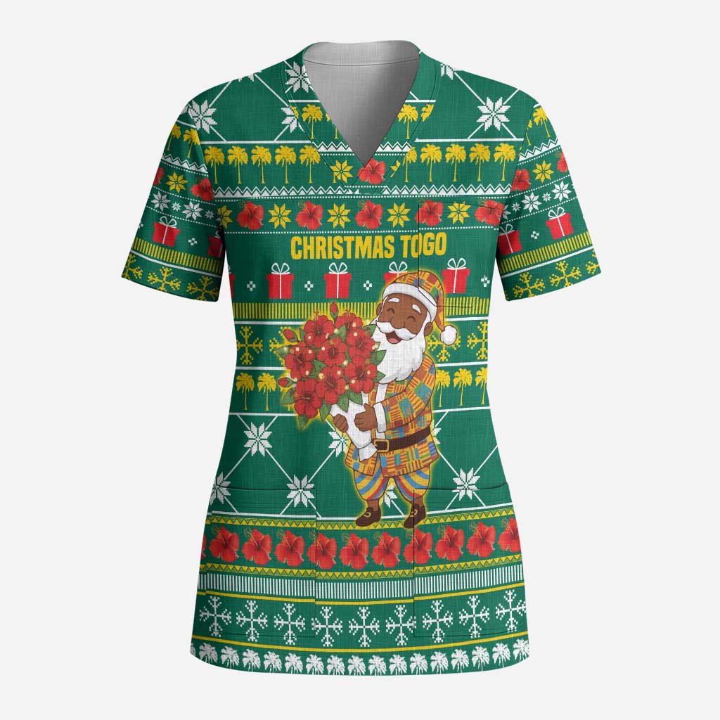 Togo Christmas Scrub Top with Santa Poinsettia Flower Tree Gifts and African Print Pattern - Wonder Print Shop