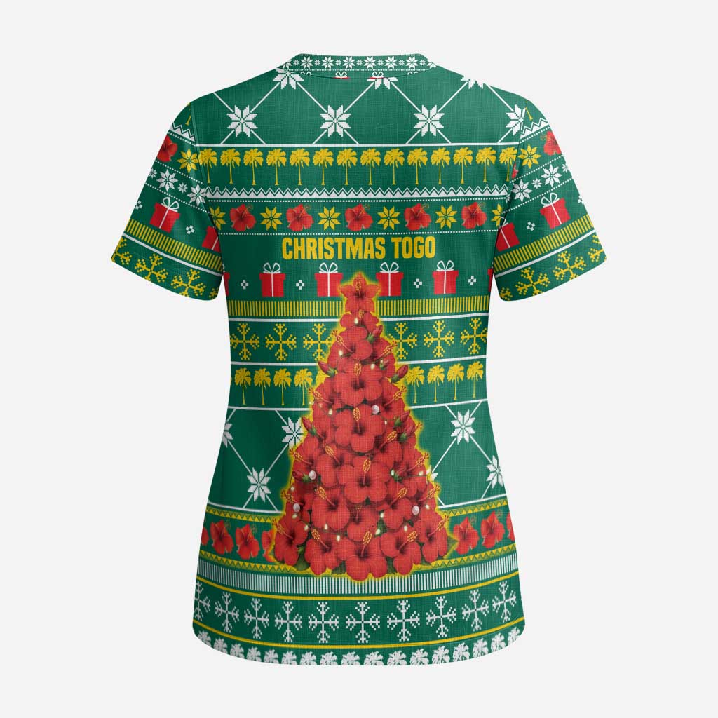 Togo Christmas Scrub Top with Santa Poinsettia Flower Tree Gifts and African Print Pattern - Wonder Print Shop