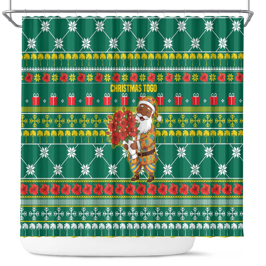 Togo Christmas Shower Curtain with Santa Poinsettia Flower Tree Gifts and African Print Pattern - Wonder Print Shop