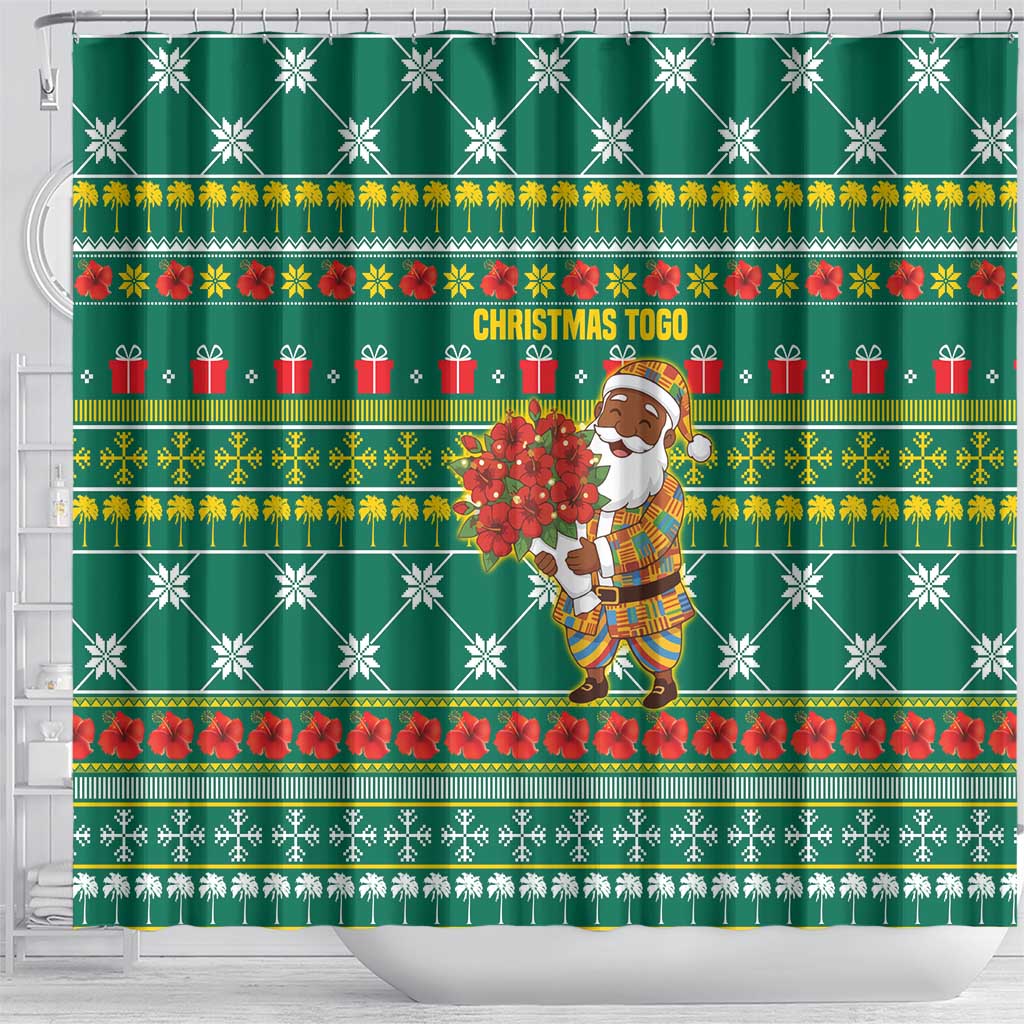 Togo Christmas Shower Curtain with Santa Poinsettia Flower Tree Gifts and African Print Pattern - Wonder Print Shop