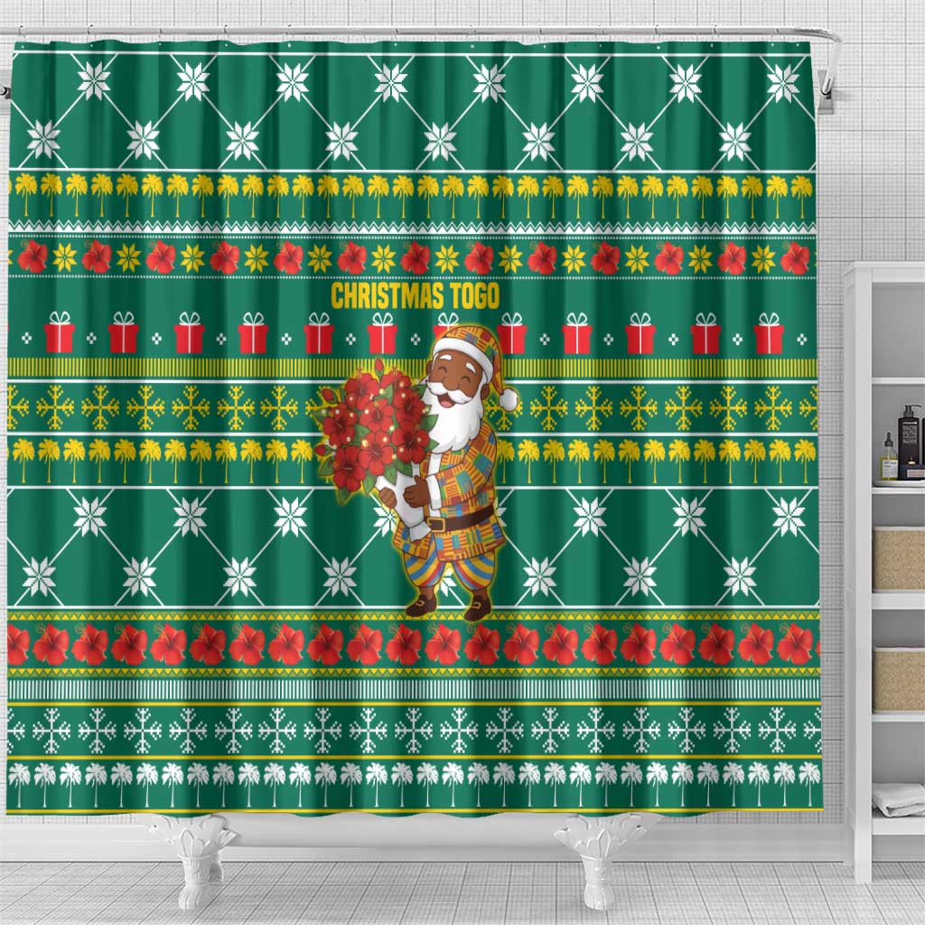 Togo Christmas Shower Curtain with Santa Poinsettia Flower Tree Gifts and African Print Pattern - Wonder Print Shop