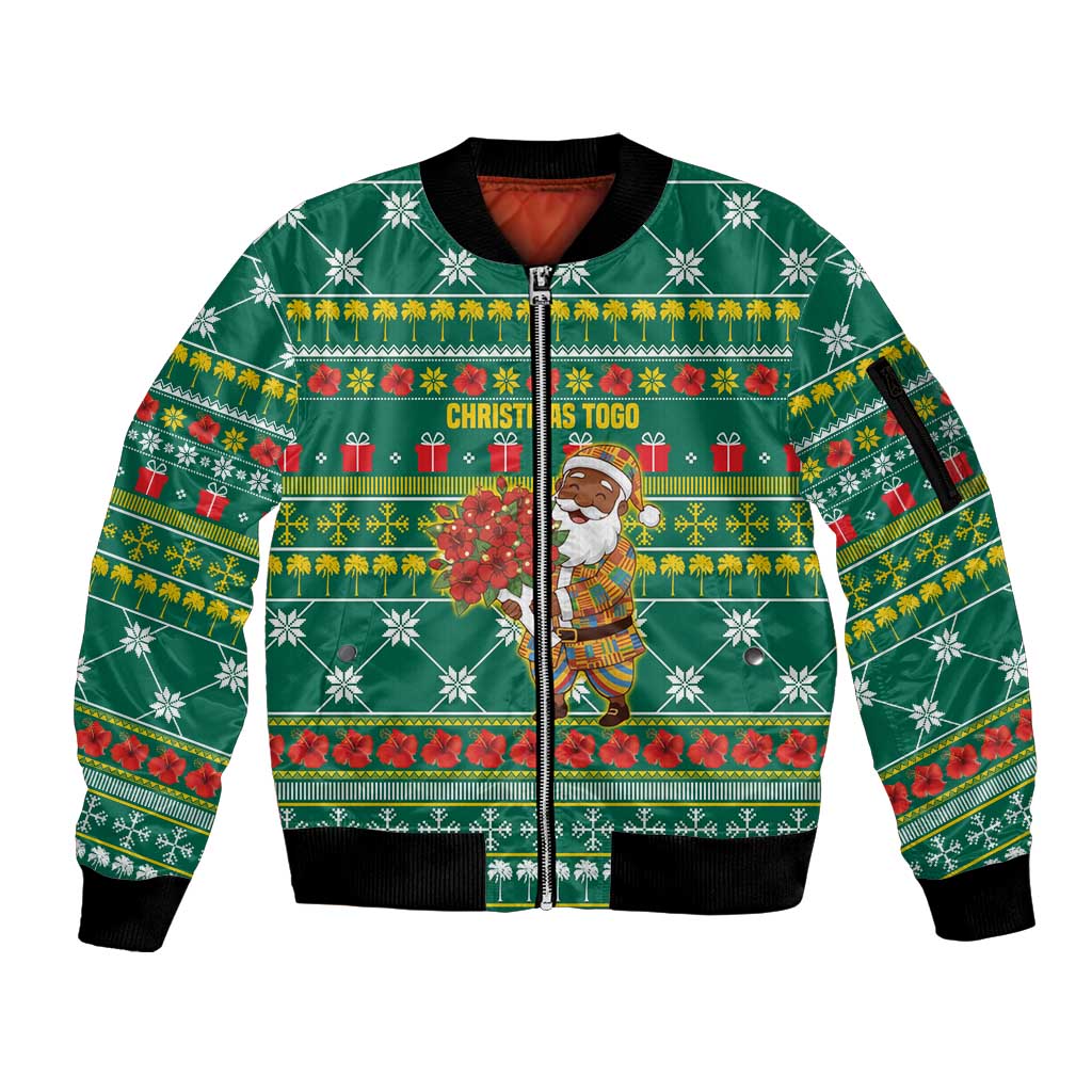 Togo Christmas Sleeve Zip Bomber Jacket with Santa Poinsettia Flower Tree Gifts and African Print Pattern - Wonder Print Shop