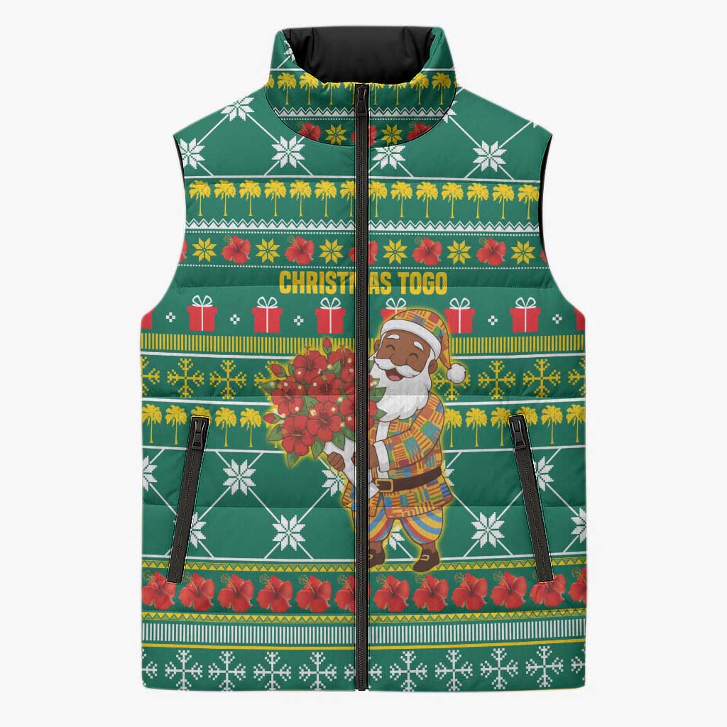 Togo Christmas Sleeveless Puffer Jacket with Santa Poinsettia Flower Tree Gifts and African Print Pattern - Wonder Print Shop