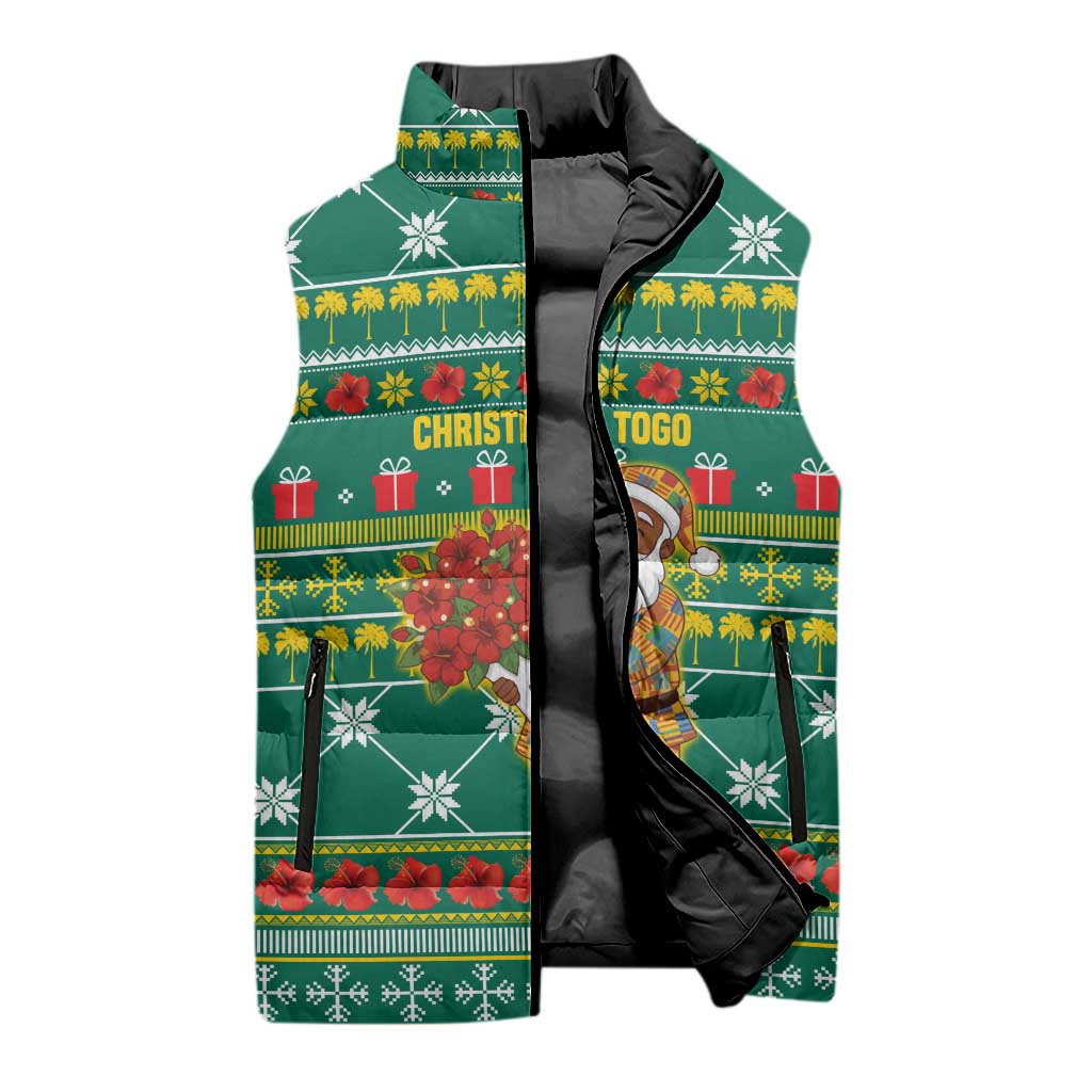 Togo Christmas Sleeveless Puffer Jacket with Santa Poinsettia Flower Tree Gifts and African Print Pattern - Wonder Print Shop