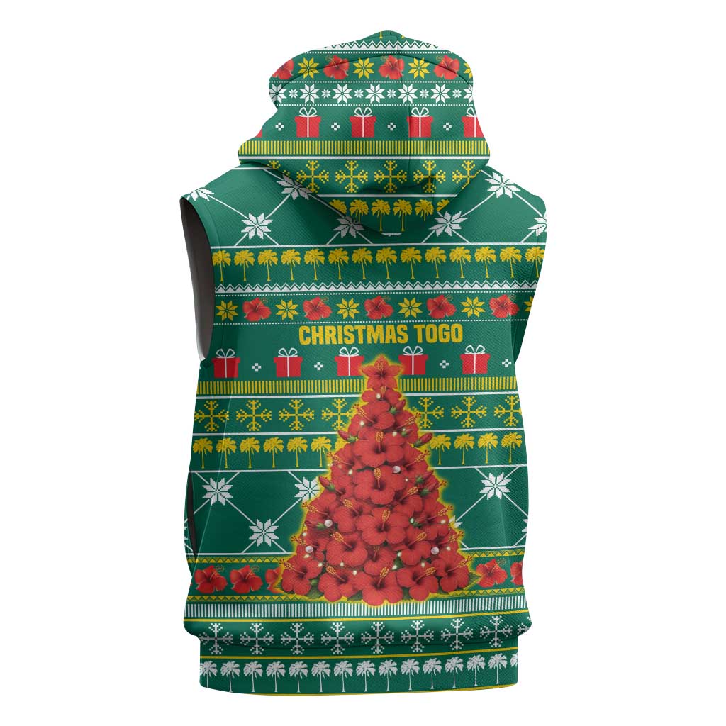 Togo Christmas Sleeveless Zip Hoodie with Santa Poinsettia Flower Tree Gifts and African Print Pattern - Wonder Print Shop