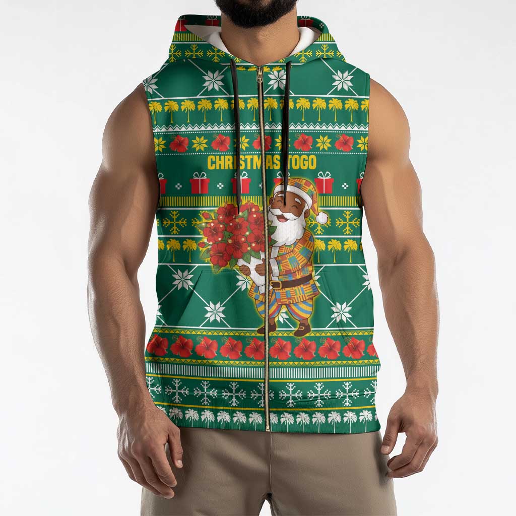 Togo Christmas Sleeveless Zip Hoodie with Santa Poinsettia Flower Tree Gifts and African Print Pattern - Wonder Print Shop
