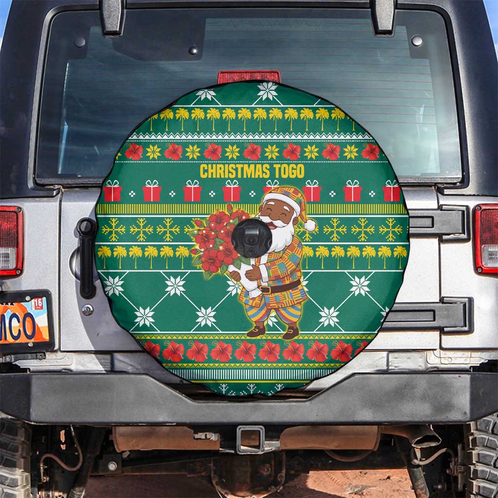 Togo Christmas Spare Tire Cover with Santa Poinsettia Flower Tree Gifts and African Print Pattern - Wonder Print Shop