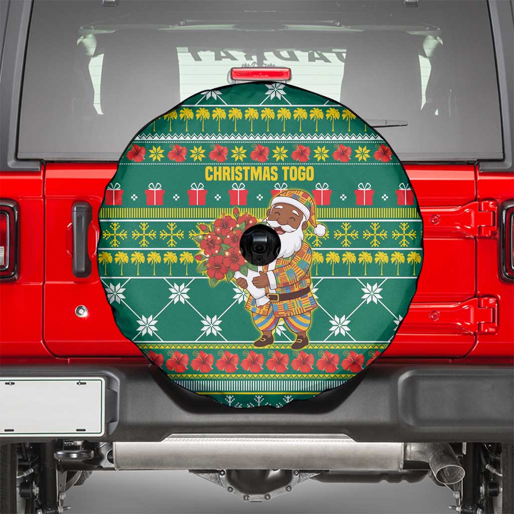 Togo Christmas Spare Tire Cover with Santa Poinsettia Flower Tree Gifts and African Print Pattern - Wonder Print Shop