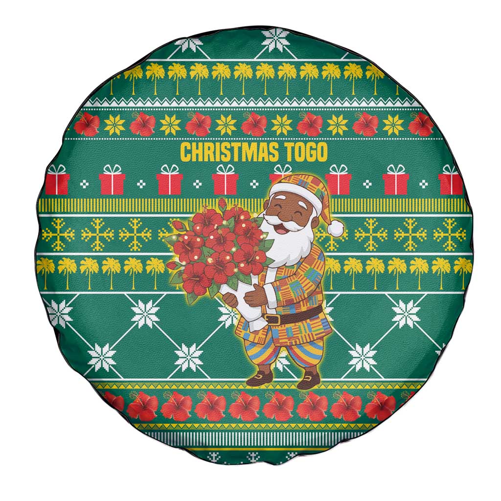 Togo Christmas Spare Tire Cover with Santa Poinsettia Flower Tree Gifts and African Print Pattern - Wonder Print Shop