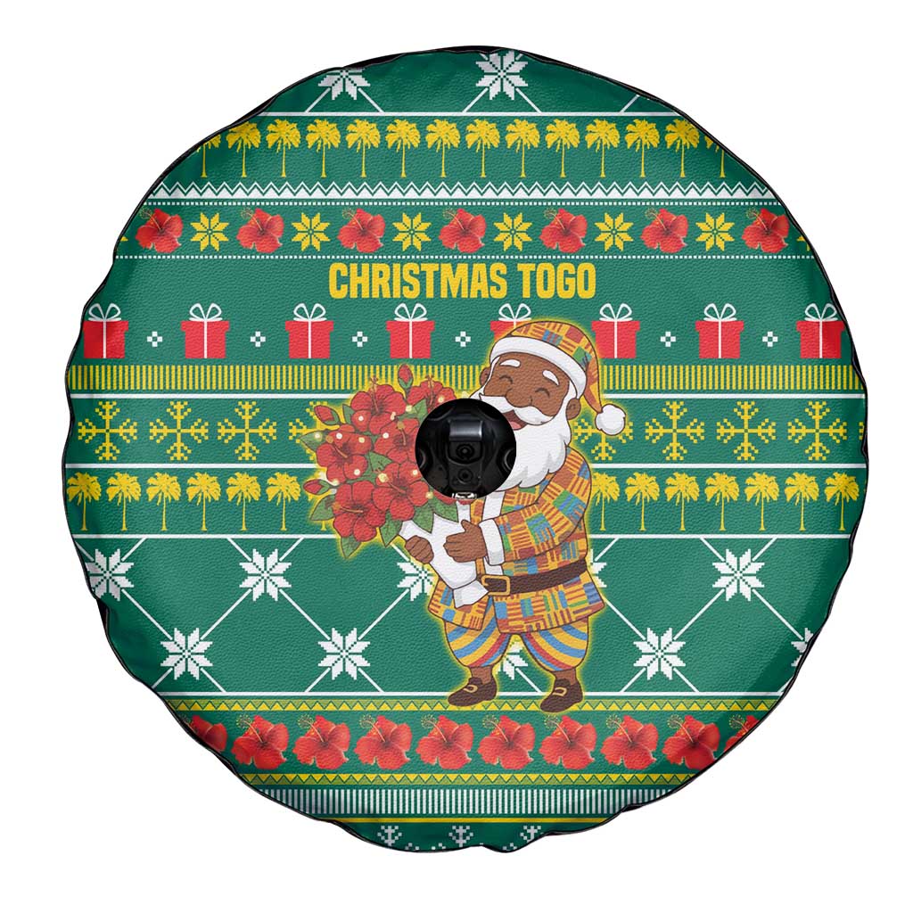 Togo Christmas Spare Tire Cover with Santa Poinsettia Flower Tree Gifts and African Print Pattern - Wonder Print Shop