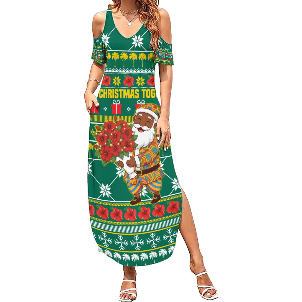 Togo Christmas Summer Maxi Dress with Santa Poinsettia Flower Tree Gifts and African Print Pattern - Wonder Print Shop