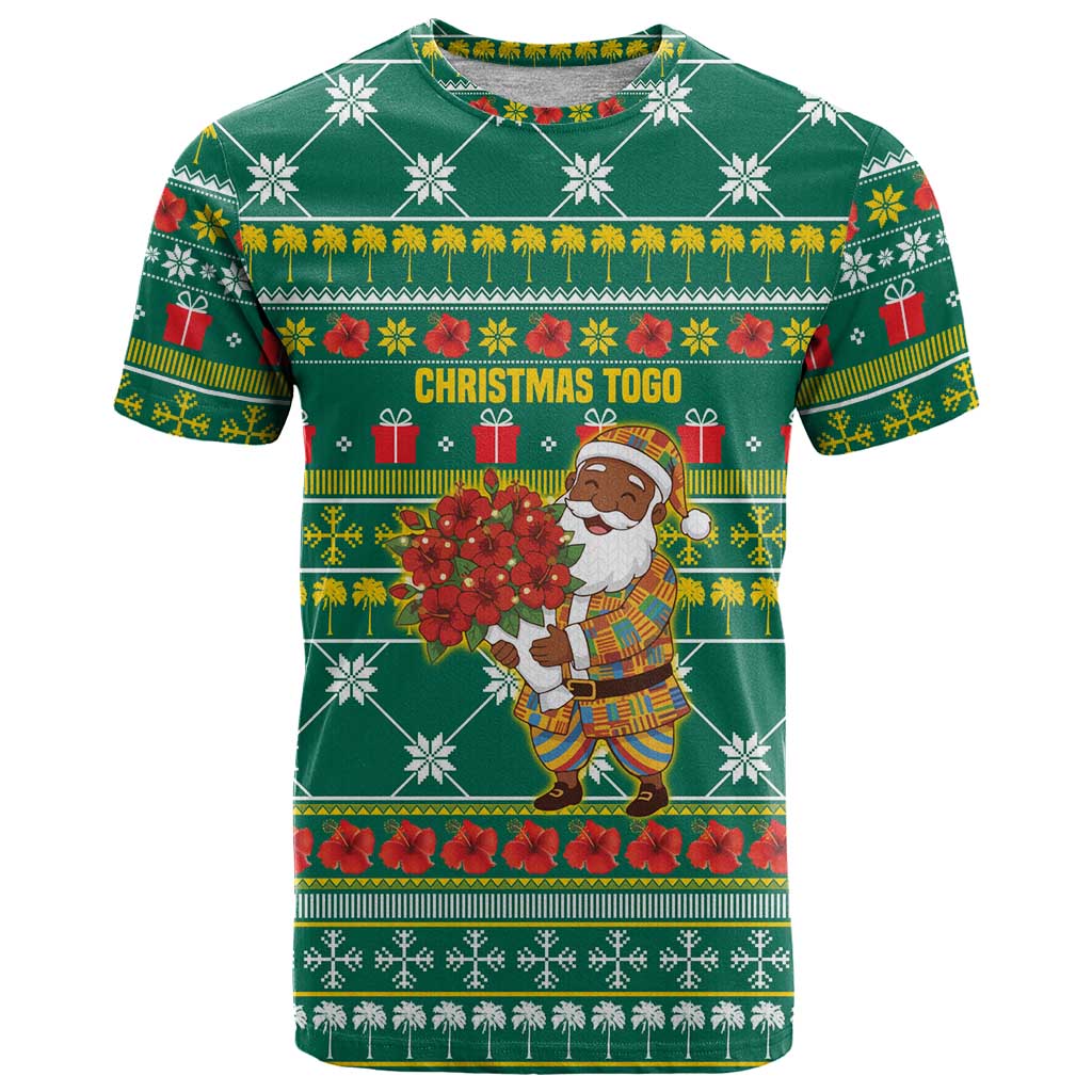 Togo Christmas T Shirt with Santa Poinsettia Flower Tree Gifts and African Print Pattern - Wonder Print Shop