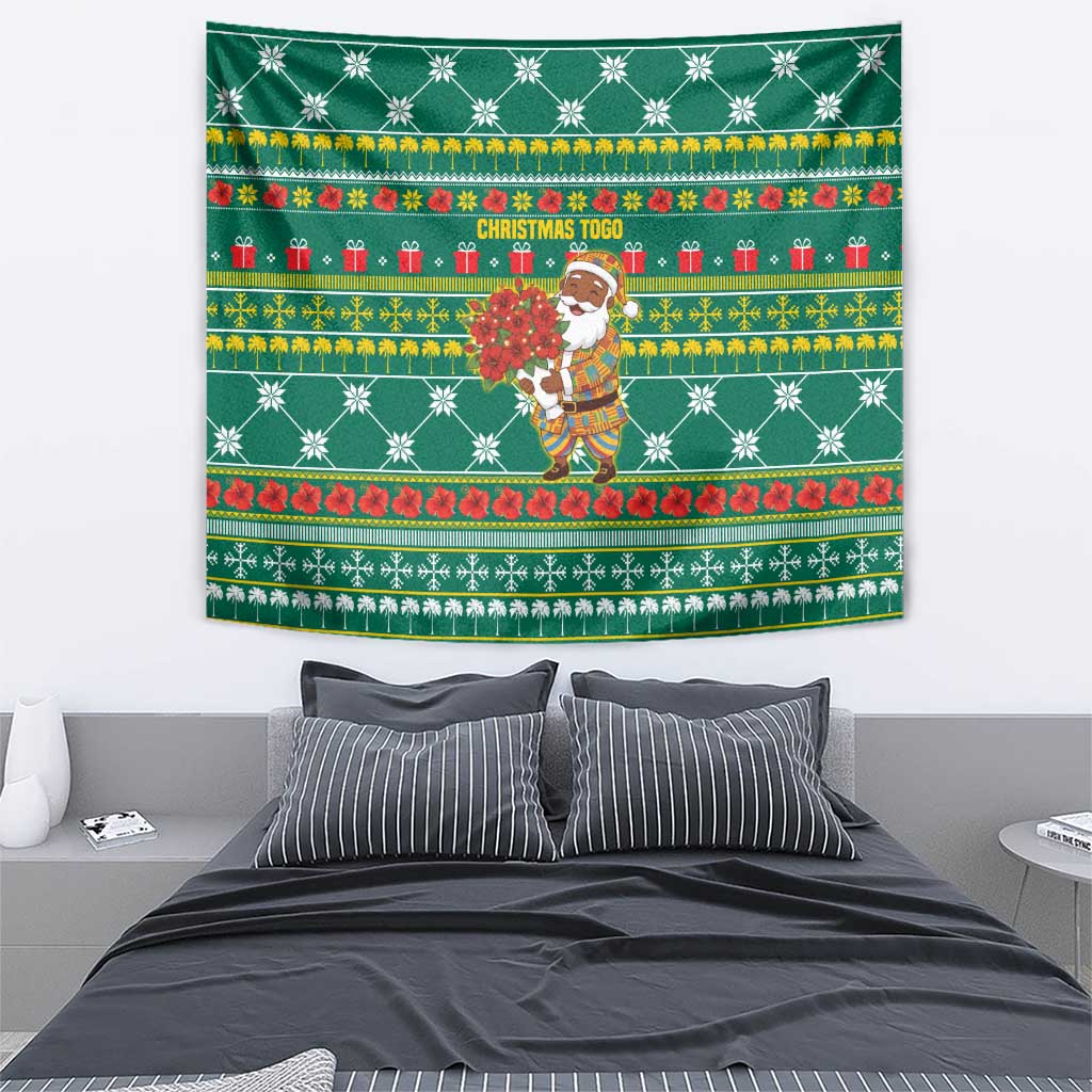 Togo Christmas Tapestry with Santa Poinsettia Flower Tree Gifts and African Print Pattern - Wonder Print Shop