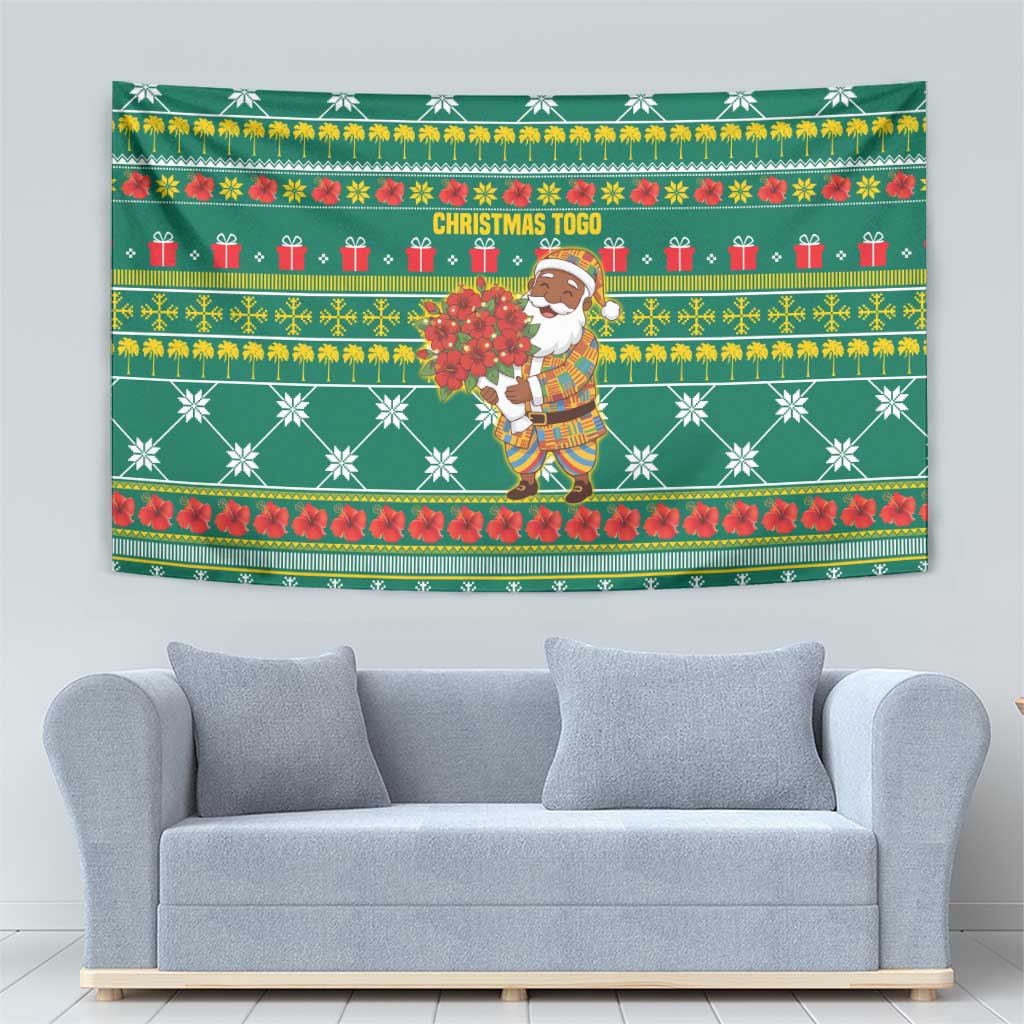 Togo Christmas Tapestry with Santa Poinsettia Flower Tree Gifts and African Print Pattern - Wonder Print Shop