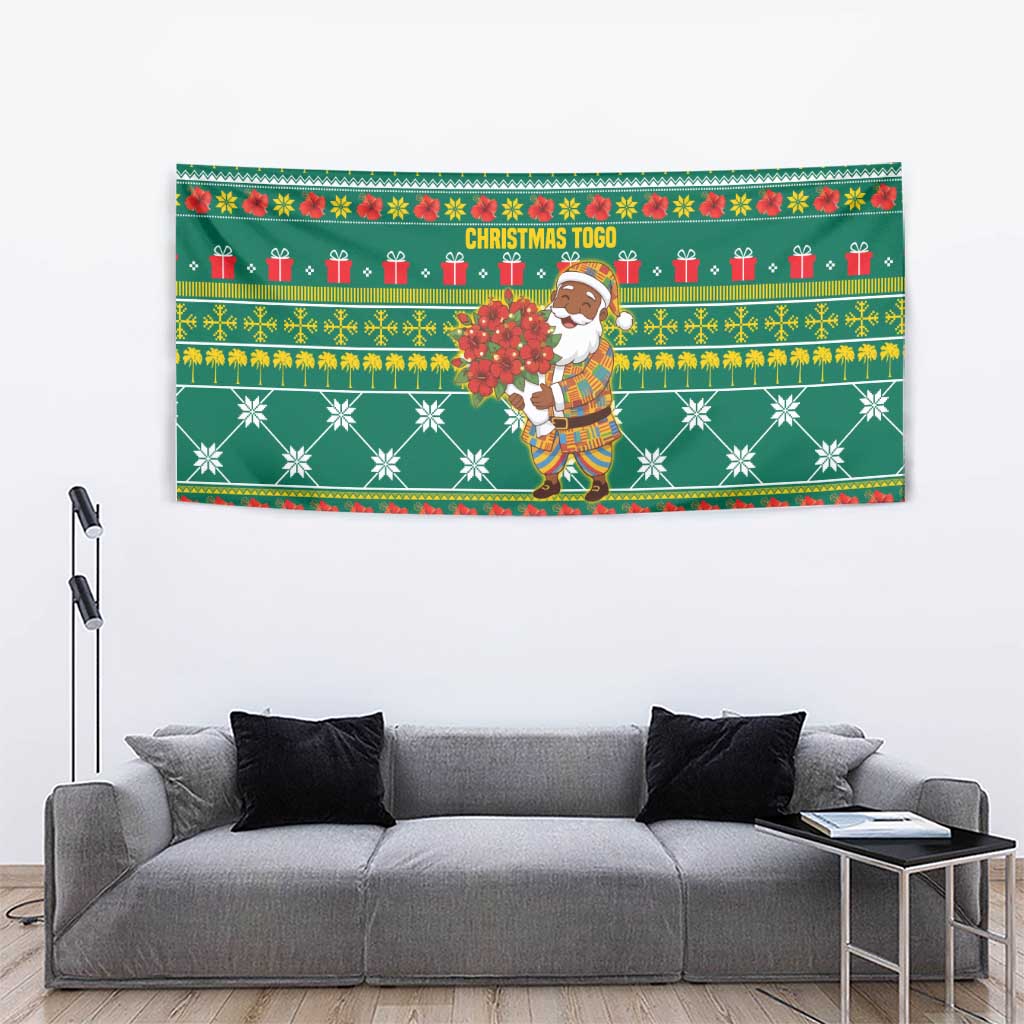 Togo Christmas Tapestry with Santa Poinsettia Flower Tree Gifts and African Print Pattern - Wonder Print Shop