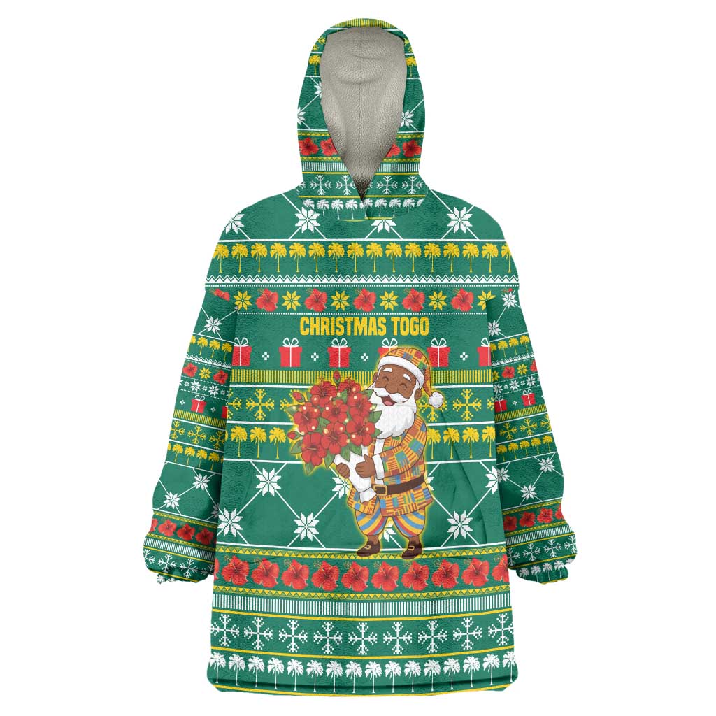 Togo Christmas Wearable Blanket Hoodie with Santa Poinsettia Flower Tree Gifts and African Print Pattern - Wonder Print Shop