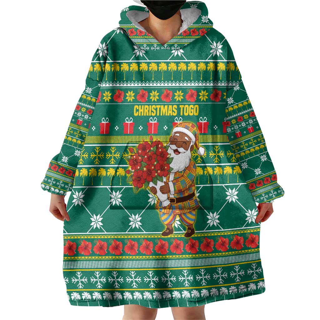 Togo Christmas Wearable Blanket Hoodie with Santa Poinsettia Flower Tree Gifts and African Print Pattern - Wonder Print Shop