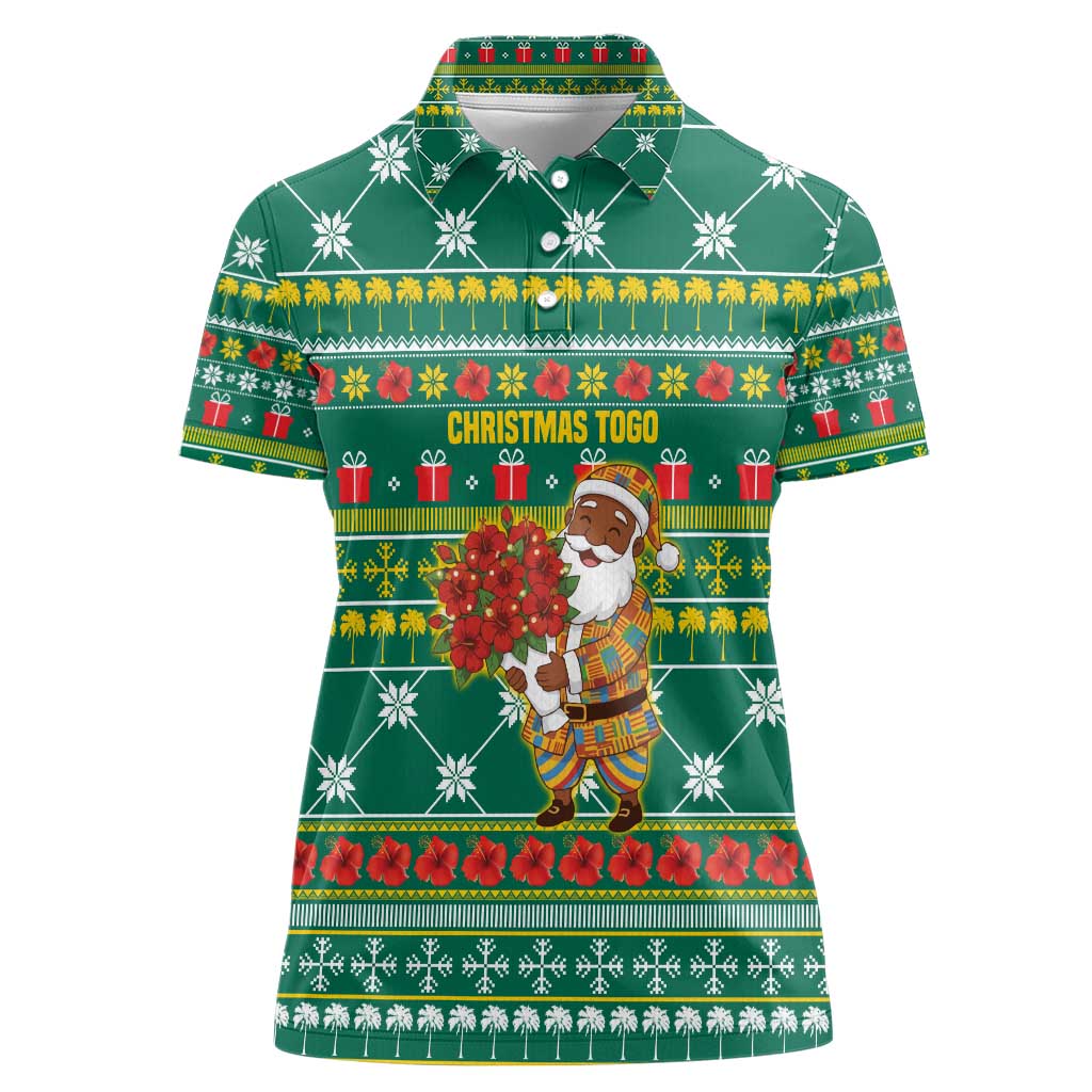 Togo Christmas Women Polo Shirt with Santa Poinsettia Flower Tree Gifts and African Print Pattern - Wonder Print Shop