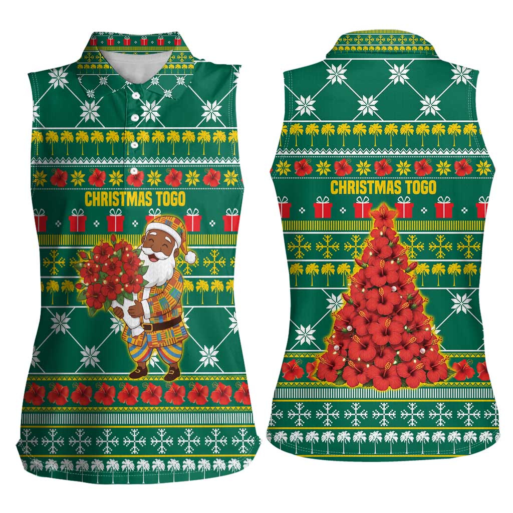 Togo Christmas Women Sleeveless Polo Shirt with Santa Poinsettia Flower Tree Gifts and African Print Pattern - Wonder Print Shop